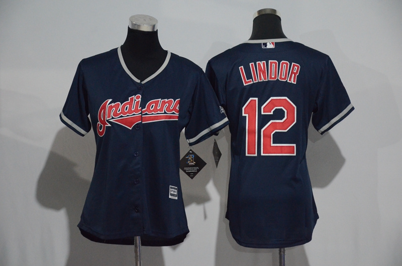 Womens 2017 MLB Cleveland Indians #12 Lindor Blue Jerseys->women mlb jersey->Women Jersey